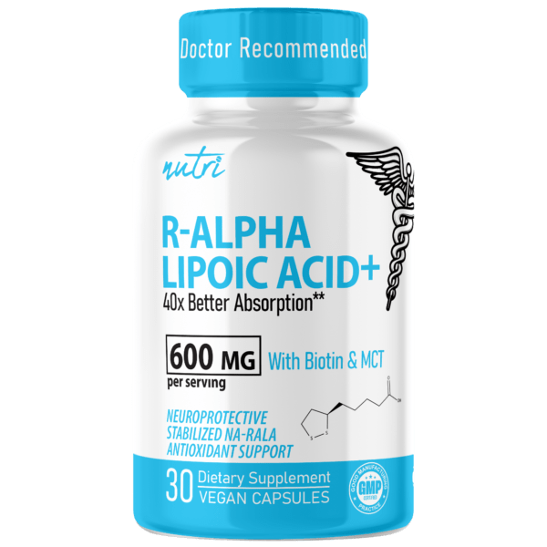 Nutri R Alpha Lipoic Acid 600mg Capsules with Biotin - Stabilized Active Form of ALA - 30 Vegan Capsules